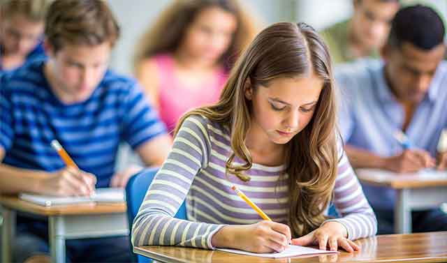 School age children taking an exam in a classroom